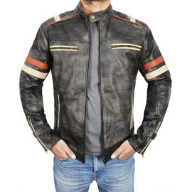 Men's Vintage Motorcycle Cafe Racer Retro Moto Distressed Leather Jacket Distressed Black, Medium