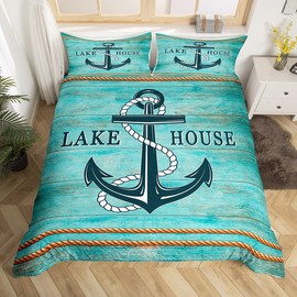 Manfei Anchor Duvet Cover Set Full Size, Nautical Theme Blue Wooden Plank Comforter Cover with 2 Pillowcases, Lake House Bedding Set 3pcs for Kids Boys Teen Bedroom Decor Lightweight Bedspread Cover