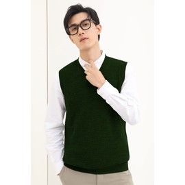 ZHILI zhilifs Mens V-Neck Knitted Sweater Sleeveless Pullover Knitwear Vest Solid Plain Loose Fit All Match Sweater Tops_Dark green_Medium