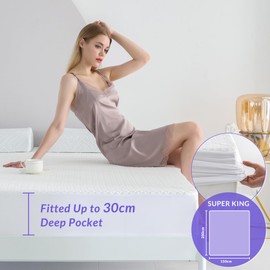 Coriwell Waterproof Mattress Protector - Super King Size Bamboo Extra Deep Pocket Mattress Protector, Breathable Fitted Bed Mattress Covers with Elasticated Skirt White