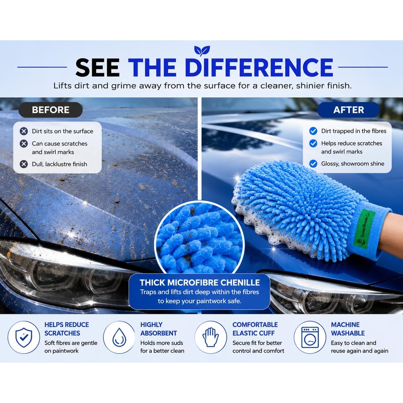 GreenThumb Co Microfibre Car Wash Mitt, Ultra Soft Scratch-Free Wash