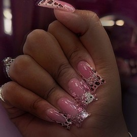 Press on Nails for Women, French Nails Press Ons Long Square Fake Nails Pink Glue on Nails with Design Acrylic Nails Rhinestones Uñas Acrílicas Nails 24pcs