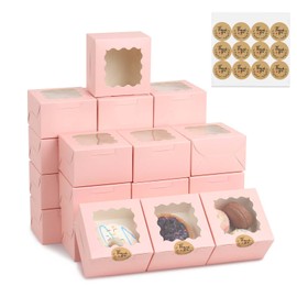 OUGEBOX 50 Pcs 4x4x2.5 Inch Bakery Boxes with Window, Pink Cookie Boxes for Gift Giving, Treat Box for Desserts, Macarons, Donuts, Pastries