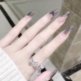 24 Pcs Butterfly False Nails Long with Rose,Black French Press on Nails Patterns,Ballerina Stick on Nails for Women,Acrylic Coffin Fake Nails Medium for Nail Art