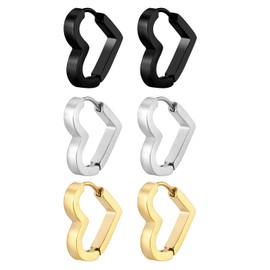 Flongo Creole Gold Earrings Unisex: Heart Star Rectangular Stainless Steel Chunky Small Huggie Hoop Earrings Geometric Earrings Hypoallergenic Stud Earrings for Men Women Silver Black, Stainless Steel