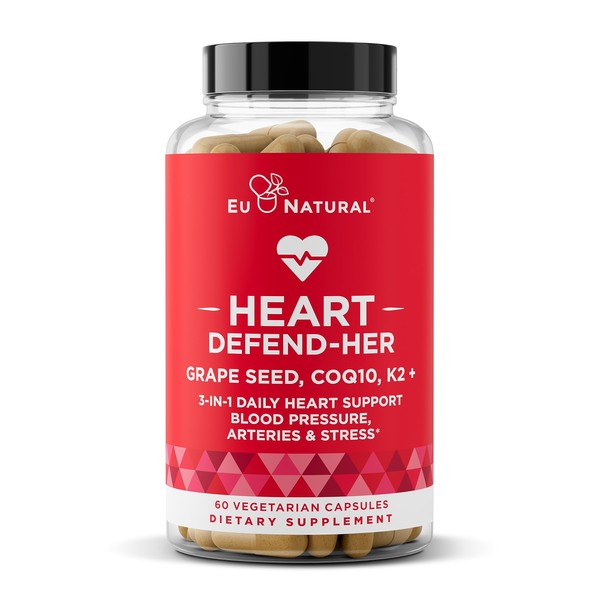 Heart Defend-Her Womens Heart Health Supplements – Advanced 3-in-1 Blend with Grape Seed Extract, Vitamin K2 MK-7, and CoQ10 – Support Blood Pressure, Artery and Bone Strength – 60 Vegetarian Capsules