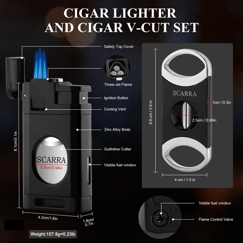 SCARRA Cigar Lighter, Multi-Function Torch Lighter and Cigar Cutter V