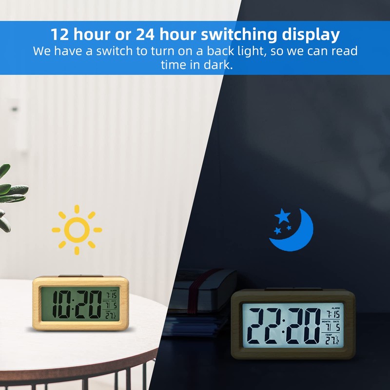 everwood Wooden Digital Battery Operated Alarm Clocks for Bedrooms, Beside,