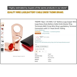 TKDMR 8pcs 4/0 Awg-3/8 Ring Marine Grade Copper Wire Lugs,with 3:1 Heat Shrink Tubing,UL Battery Cable Ends,Heavy Duty Cable Lugs,Tinned Copper Eyelets,Tubular Ring Terminals