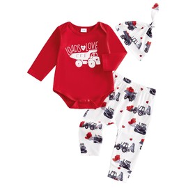 Newborn Baby Boy Valentines Day Outfit Letter Print Long Sleeve Romper Cart Love Heart Pants Hat Set 3Pcs Clothes (Red, 0-3 Months)