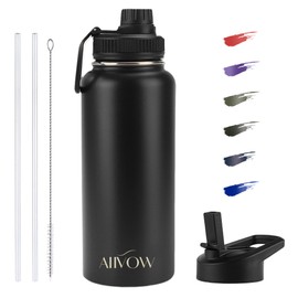 Aiivow Water Bottle 32oz with Straw, Black Large Metal Insulated Stainless Steel Water Flask, Big Sports Travel Mens Water Bottle with 2 Lids, Thermal Mug Cup for Gym,Hiking