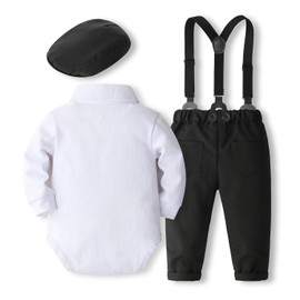 SALNIER Baby Boy Dress Suit Clothes Sets Infant Tuxedo Gentleman Suits Outfits Bowtie Shirt Suspenders Pants Beret Hat(Black-whi,6-12 Months)