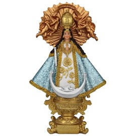 Virgen San Juan de Los Lagos 12" Resin Religious Figure | Our Lady of San Juan de Los Lagos | Cihualpilli with Blue Glitter Robe | Sacred Catholic Figurine for Altars and Devotional Spaces