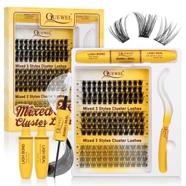 QUEWEL DIY Lash Extension Set, Mixed Eyelash Extensions in 3 Styles, 176 Pieces Cluster Lashes of Different Types with Eyelash Glue and Eyelash Tweezers for Home (QU23+QU24+QU25 Set)