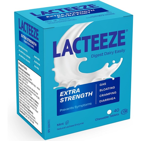 Lacteeze Extra Strength Lactase Enzyme – 40 Chewable Capsules –