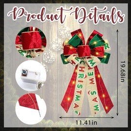 Hying Large LED Christmas Bows for Wreath, Christmas Wreath Bow with LED Lights Green Red Velvet Tree Topper Bows for Front Door Indoor Outdoor Decoration Supplies