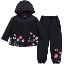 LZH Girl Baby Kid Waterproof Hooded Coat Jacket Outwear Suit Raincoat Hoodies with Pants Black 4T(For Age 3-4Y)