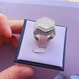 XRCXBLSC 925 Sterling Silver Full Diamond Ring Gift for Men, Hexagon Cut Cubic Zirconia Wedding Promise Ring, Eternity Engagement Rhinestone Unique Geometry Band Ring for Night Club V 1/2