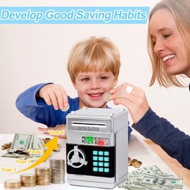 Highttoy Money Box for Children 3-12 Years, Children's Safe Electronic Money Boxes, Children's Safe with Code, Piggy Bank, ATM Coins, Money Bank, Money Box, Safe for Children, Birthday Gifts, Silver