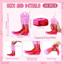 Jingmore 50 Set Cowboy Boot Drink Pouches with Straws 6 oz Cowboy Boot Zipper Liquor Smoothie Pouches Heavy Duty Reclosable Ice Drink Bag for Western Themed Rodeo Birthday Party Supplies(Pink)
