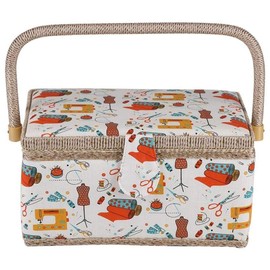 Sewing Basket Decorated with Printed Fabric, Large Sewing Basket Fabric Sewing Basket with Removable Plastic Compartment Organiser Tray for Home and Travel Country Style