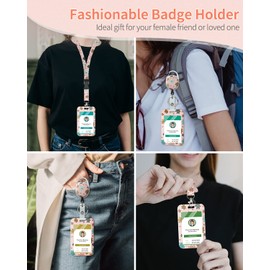 Uniclife Floral Sliding Badge Holder Pink Flower Plastic Case with Retractable Badge Reel Carabiner Clip and Detachable Lanyard Strap Hard Vertical Card Protector for Women Nurse Teacher Student