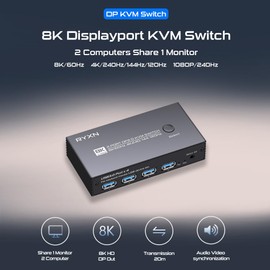 8K DP KVM Switch for 1 Monitor 2 Computers, DisplayPort 2.0 Share USB 3.0 Devices With 4 USB Hub, Support 8K@60Hz, 4K@240Hz/175Hz/144Hz, Extension Control Switch and 2 Cables
