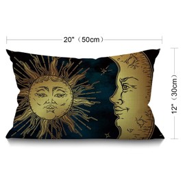 BGBDEIA Golden sun crescent moon and stars over blue black sky Cotton Linen Decorative Cushion Cover Throw Pillow Case for Couch Sofa Bed,30 x 50 cm 12 X 20 Inches