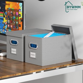DYWMM Hanging File Box with Lid, Set of 2 Filing Organizer Storage Box, Linen Collapsible Decorative Office/Home File Cabinet (14x9.3x10.9 inch) (Gray)