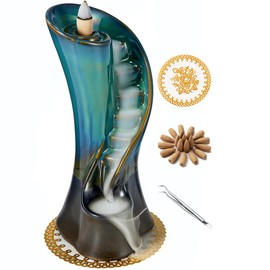 LAMDAWN Unique Cloud Stairs Ceramic Waterfall Incense Holder, Paired with a Pack of Backflow Incense Cones. (Blue)