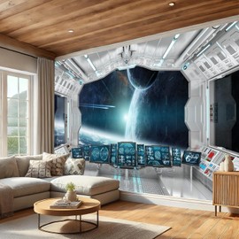 FLFK 3D Spaceship Peel and Stick Wall Murals 78.7"x59"-Universe Outer Space Self-Adhesive Wallpaper Large Poster -Science Explore Station Painting Sticker for Kids Bedroom Decor