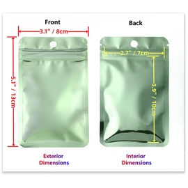 Rimiko 100pcs Resealable Sample Bags, Small Ziplock Mylar Bags with Hanging Hole, Clear Foil Bags for Sample Packaging, Retail, Food and Items Storage (Metallic Green, 3.1"x5.1")