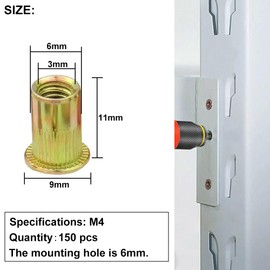 LCOUACEO Rivet Nuts M4 Blind Rivet Nuts, Pack of 150 Flat Head Threaded Sleeves Screw-In Nut, Carbon Steel Colour Zinc Rivet Nuts M4 Countersunk Head for Metal Plastic (9 mm x 11 mm)