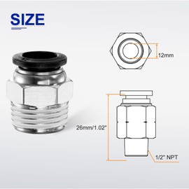 QUARKZMAN Push to Connect Fitting 12 mm Tube OD x 1/2 Inch NPT Thread Male Straight Quick Connector Copper Air Line Hose Fittings for Industry Air System PC12-N04, Black