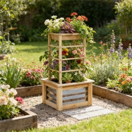 Elevated Wooden Garden Bed with Grid Frame Natural Wood Flowerpot Box for Planting Fencing Trellis & Gates Productcolor: Natural Wood Color