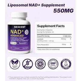 Suplemento NAD con resveratrol de 500 mg para la salud cerebral, apoya el envejecimiento saludable y la salud celular, suplemento avanzado de liposoma
