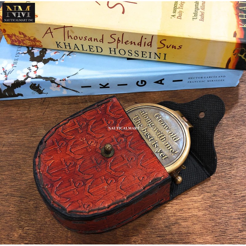 Grow Old Along with Me Engraved Brass Compass with Chain