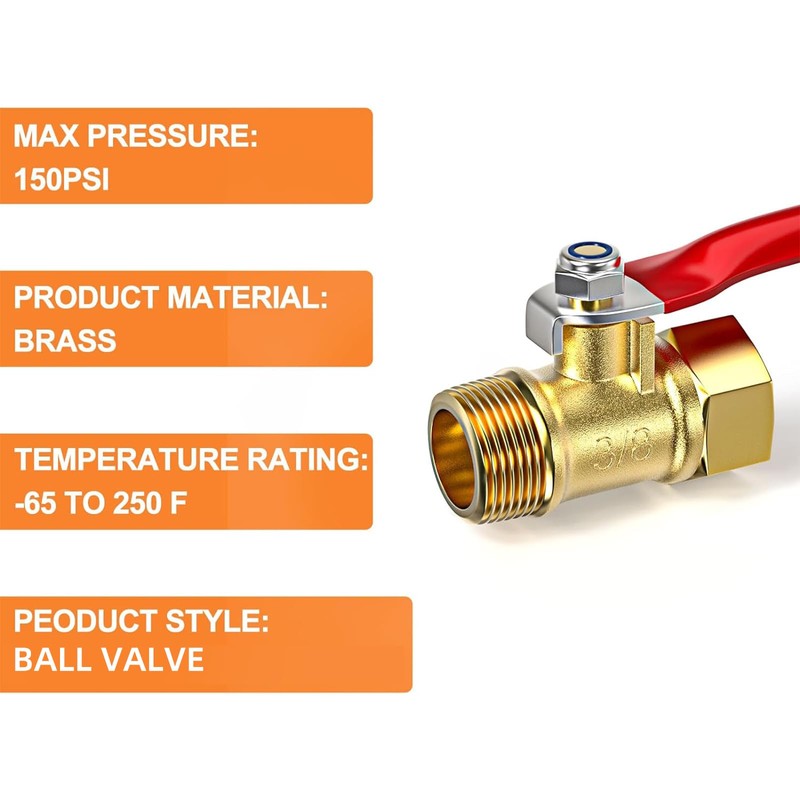 GASHER 6PCS 3/8 Inch Brass Mini Ball Valve, Shut Off