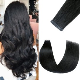 FUOTONBUTY Tape in Hair Extensions Human Hair Double Stitched Invisible Seamless Tape ins 20pcs 50g (Black, 16 inch)