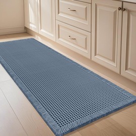 IM HOME Extra Large Waffle Bath Mat Blue 6'x2', Boho Woven Modern Bath Mat Rugs, Absorbent Non Slip Bathroom Rugs, Soft Washable Bath Rugs with Tassels for Bedroom, Kitchen, Shower, Tub