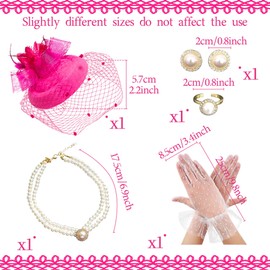 Hot Pink Tea Party Hat Gloves Women Fascinators Hats Gloves Pearl Necklace Earrings Choker Funeral Hats for Women