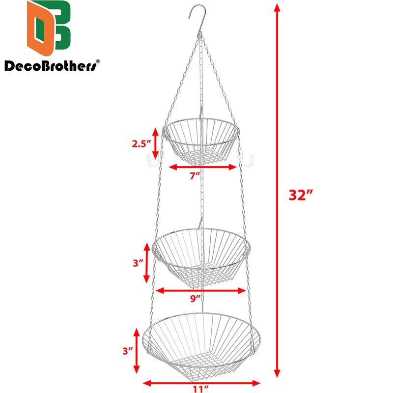 Deco Brothers Hanging Fruit Basket, 3-Tier, Chrome