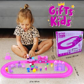 Tracks Car Toys Set for Age 2 3 4 5 6 7 Year Girls Toddler, Pink Princess Train Set Toys for Kids with Light & Music, Track Vehicle Toy Girl Birthday Gift