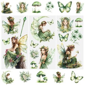 WANDIC 3 Sheets Transfer Stickers Green Fairy Elf Waterproof Furniture Craft Decorative for DIY Scrapbooking Photo Albums 15x30cm