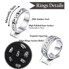 KOHOTA Stainless Steel Fidget Rings for Women Men Anxiety Rings Moon Star Flower Spinner Rings for Anxiety Stress Relieving Band Rings Set Size 6-10
