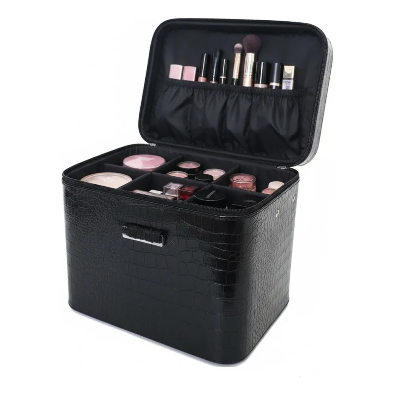 Estuche Tren Para Maquillaje 3 Secciones Caja Dura Piel Sin