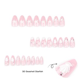 Almond Shaped Press on Nails Short Medium Nude Pink Cute Y2K Acrylic Fake Press Ons Nails with 3D Seashell Starfish Design Glue on Full Cover Artificial False Stick on Nail for Women Daily Wear 24PCS