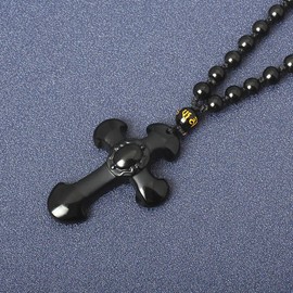 Obsidian Cross Necklace Black Cross Amulet Protection Pendant with Adjustable Bead Chain Cross Crystal Necklaces Jewelry for Men Women