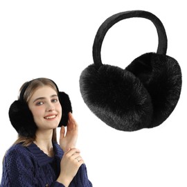 Winter Ear Muffs, Black Unisex Warm Faux Furry Earmuffs, Foldable Outdoor Ear Warmers Accessories for Women Men