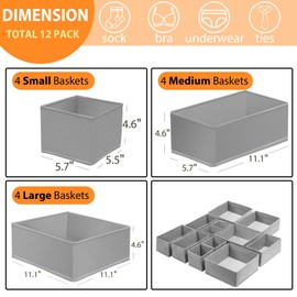 Drawer Organizer Clothes 12 Pack, Dresser Closet Organizers For Baby Clothes Underwear, Sock Grey